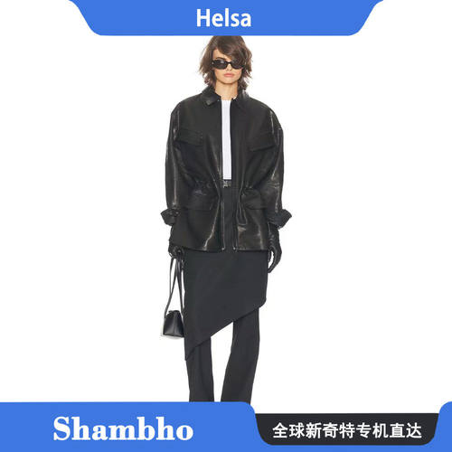 Shambho Helsa 冬季新品黑色羊羔皮掐褶翻领机车夹克外套