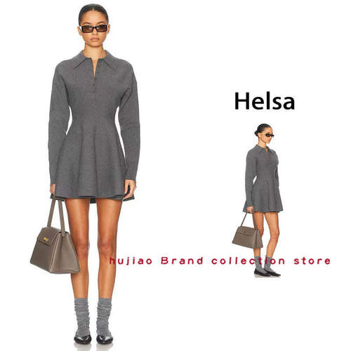 煳椒 Helsa 秋季新款老钱风翻领系扣长袖收腰针织连衣裙