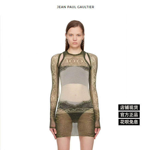 怪品味 jean paul gaultier 印花网纱紧身长袖坎肩圆领背心裙