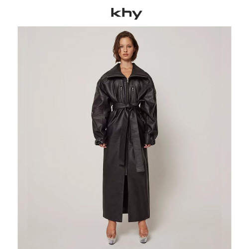 KHY 新款美式翻领通勤系带收腰轻薄中长款风衣外套