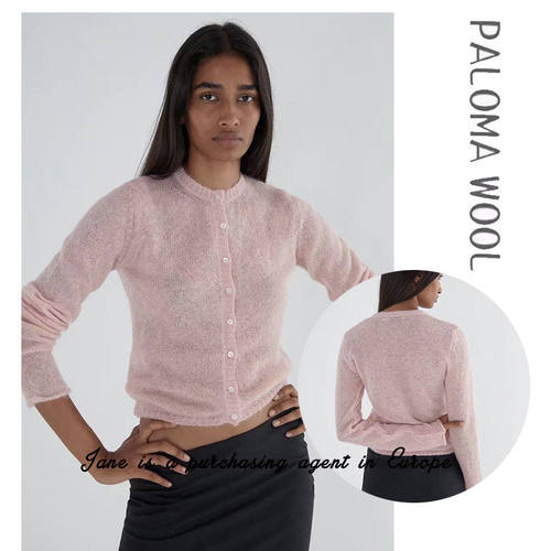 国现 西班牙 PALOMA WOOL 粉色马海毛羊毛混纺单排扣长袖开衫