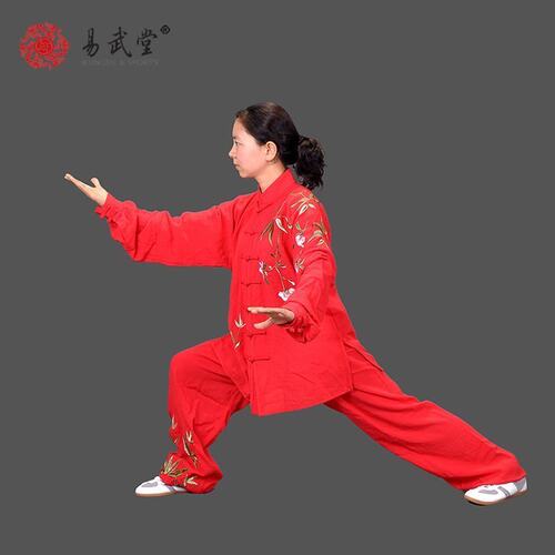 易武堂太极服棉麻女秋中国红