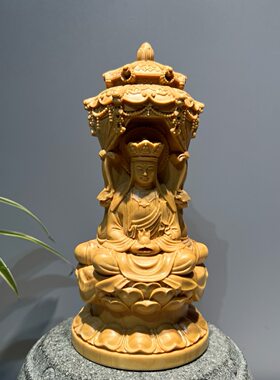 一体西方三圣小叶黄杨木雕刻摆件阿弥陀佛工艺品