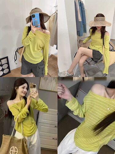 韩伊hanyi正品网红款一字肩斜肩条纹长袖T恤女26夏季防晒衫潮时尚