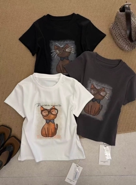 韩伊hanyi正品26夏上新眼镜猫咪印花短袖T恤百搭短袖女上衣60231