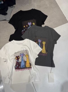 T恤女百搭洋气半袖 卡通猫咪印花短袖 女上衣 26夏季 韩伊hanyi正品