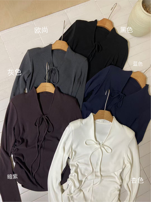韩系25秋款时尚褶皱收腰T恤小版型纯色上衣V领系带长袖修身女上衣