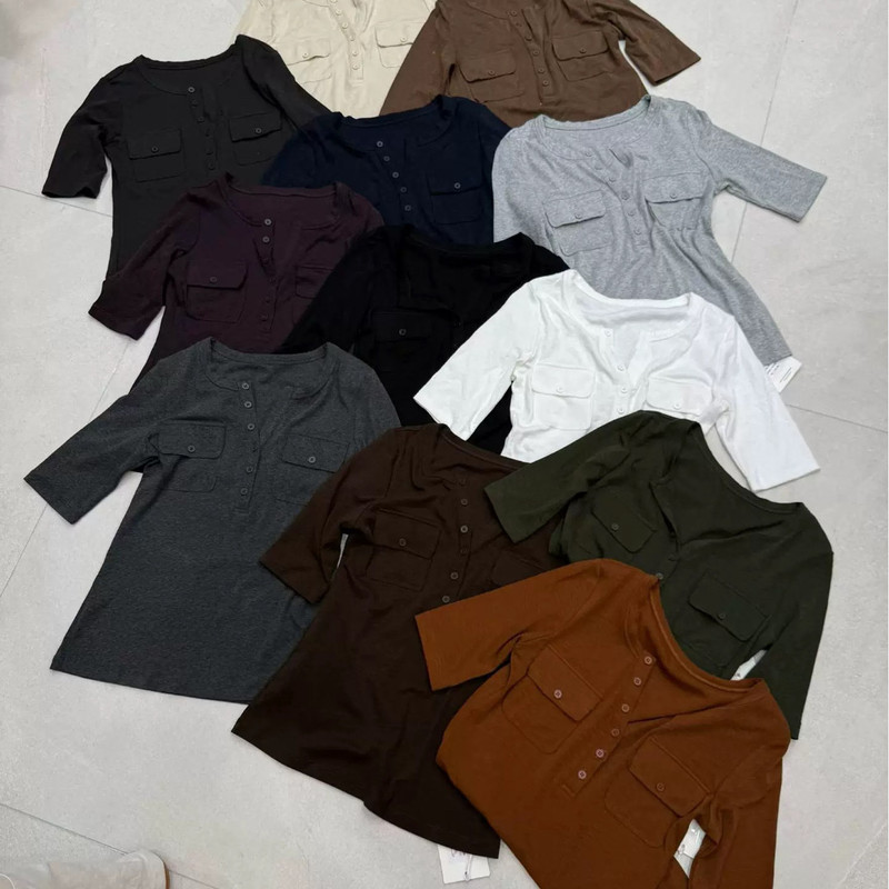 元熙YUANXI正品26早秋口袋排扣设计中袖T恤打底衫女中袖上衣8360