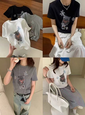 韩伊hanyi韩版卡通猫咪印花短袖T恤女26夏季百搭短袖潮女上衣