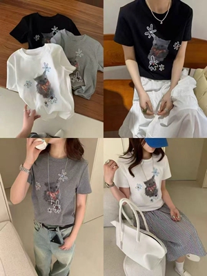 韩伊hanyi韩版卡通猫咪印花短袖T恤女26夏季百搭短袖潮女上衣