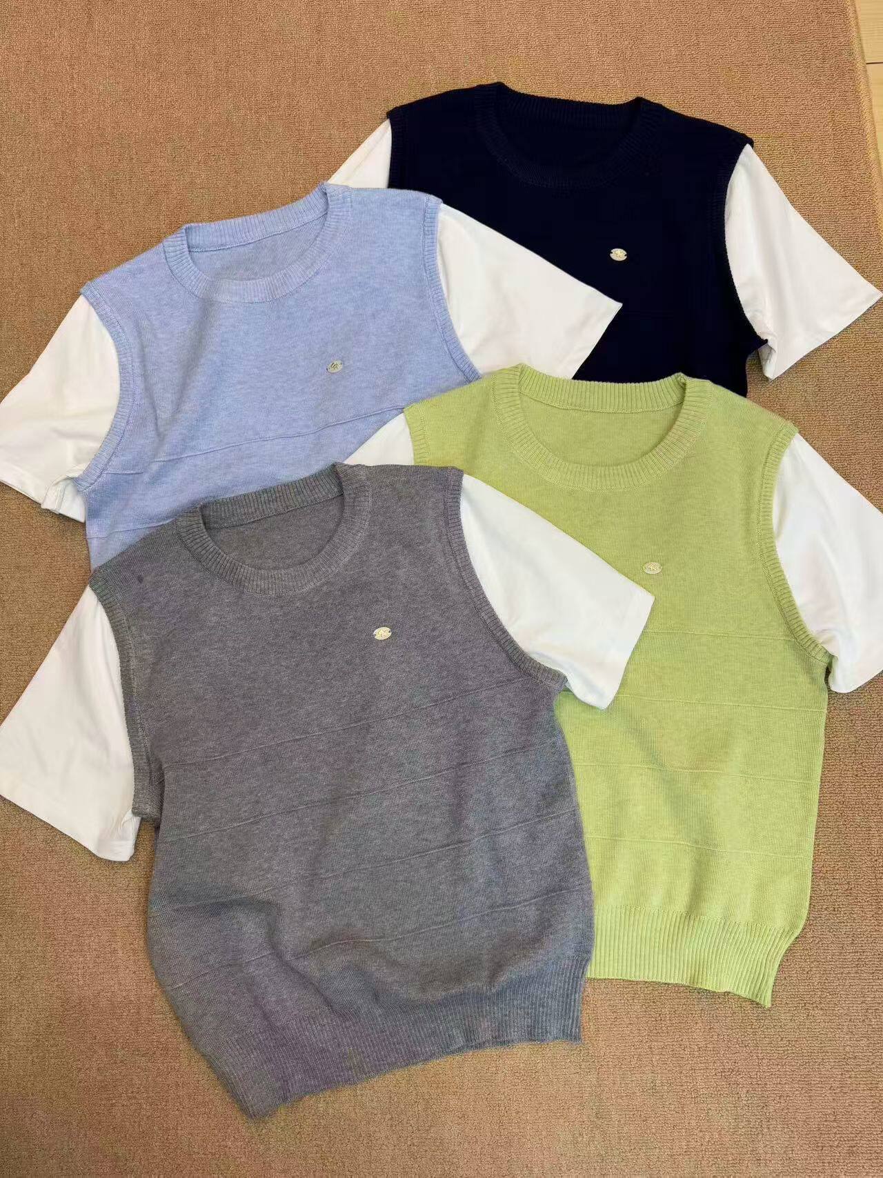 韩版撞色拼接假两件圆领短袖针织打底衫2026春夏新款女气质上衣