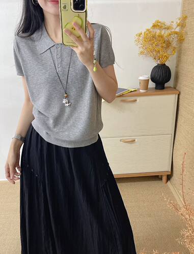 韩系26夏季高品质正肩短袖女针织翻领薄款潮上衣