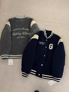 韩伊hang正品 加棉毛呢刺绣字母立领棒球服宽松休闲外套潮 冬款