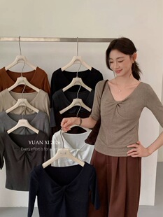 元熙YUANXI正品小女人纽结V领T恤女26秋季中袖上衣9004
