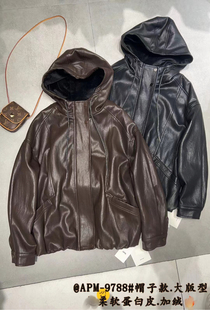 韩系连帽中长款柔软蛋白皮衣女25年冬季宽松休闲百搭加绒夹克外套