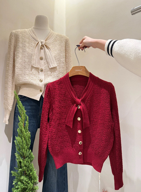 古示-冬上25韩系修身小香风百搭系带单排扣宽松长袖毛衣133043-1