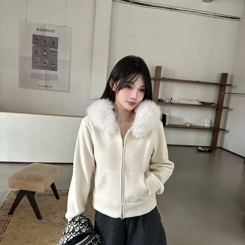 韩伊正品冬款HANYI-拉链加绒简约百搭卫衣外套(配假毛毛领)3558