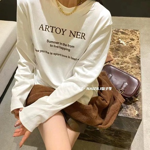 韩版秋NAIZI奈子简约百搭t恤女字母宽松减龄套头长袖打底上衣潮