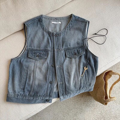 be yourself复古26年春夏圆领做旧牛仔马甲外套女无袖坎肩马夹