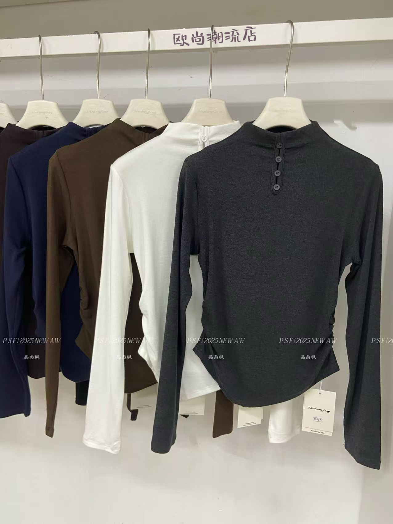 韩版25秋冬款纽扣半高领长袖T恤女褶皱收腰显瘦百搭打底衫女上衣