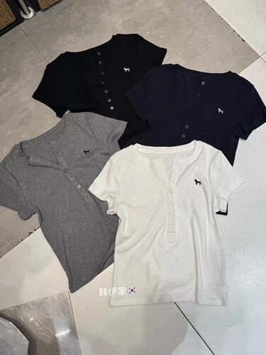 韩伊hanyi正品26夏季刺绣半扣设计修身小个子短袖T恤气质短袖上衣