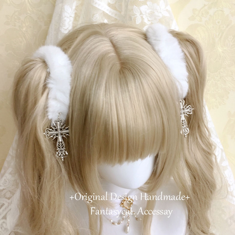 蔷薇猫自制日系黑白色毛绒发圈十字架发绳双马尾软妹头饰