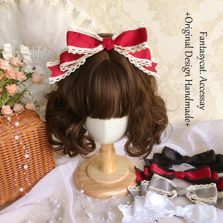 蔷薇猫手作日系蕾丝日常优雅蝴蝶结发夹Lolita酒红色粉色顶夹kc