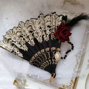 Lolita羽毛玫瑰折扇洛丽塔欧式复古浮雕烫金花嫁茶会t暗黑哥特风