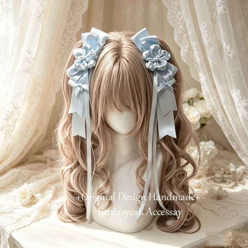 原创手作Lolita樱花树下的告白发饰飘带双马尾对夹洛丽塔发饰头饰图片