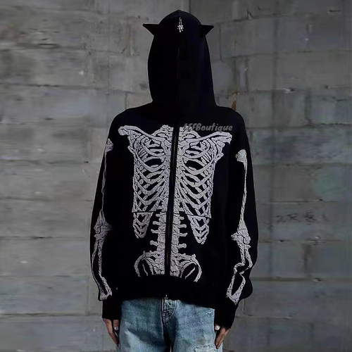 heavenm小恶魔骷髅针织连帽外套