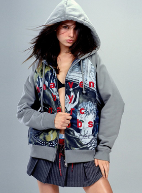 heaven 25FW秋冬新款连帽印花开衫拼色男女卫衣拉链外套上衣