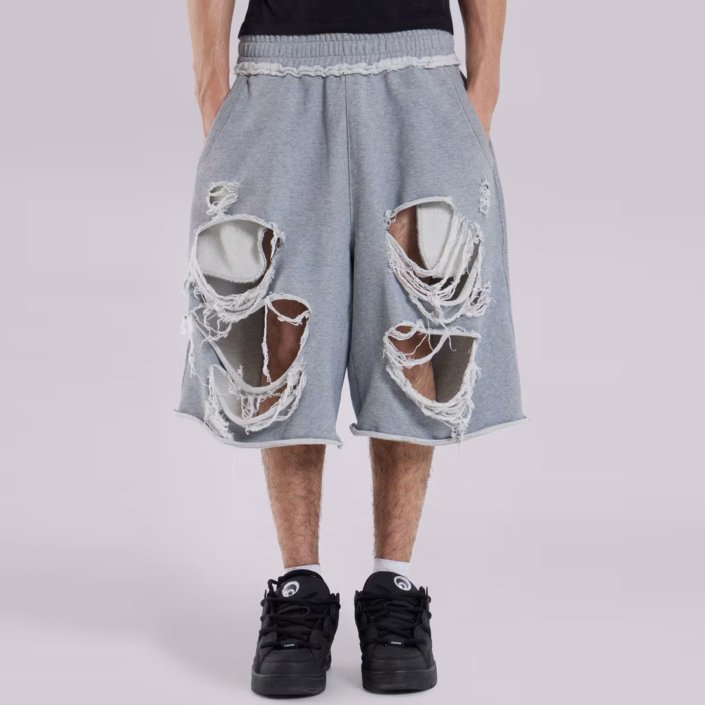 欧美潮破洞松紧腰五分卫裤短裤