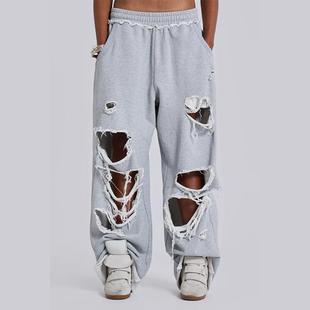 长裤 男女阔腿卫裤 欧美潮春夏垂感破洞休闲裤 春夏同款