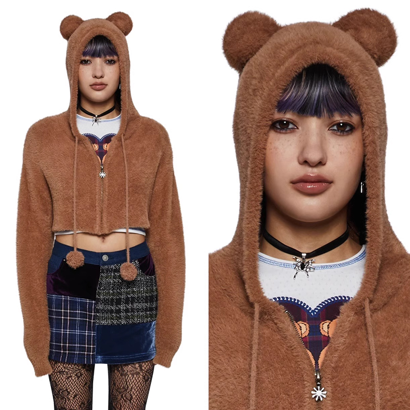 Delias 可爱虞书欣同款甜辣猫耳朵毛绒高腰超短外套卫衣上衣