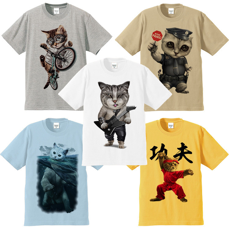 原创手绘动物 卡通3D 猫咪系列染色印花纯棉短袖T恤男女情侣亲子