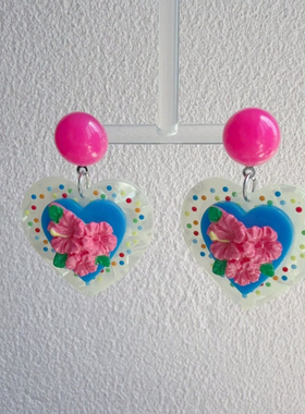 设计爱心立体玫红花撞色耳环玫红银针耳夹显脸瘦耳环（不退不换）