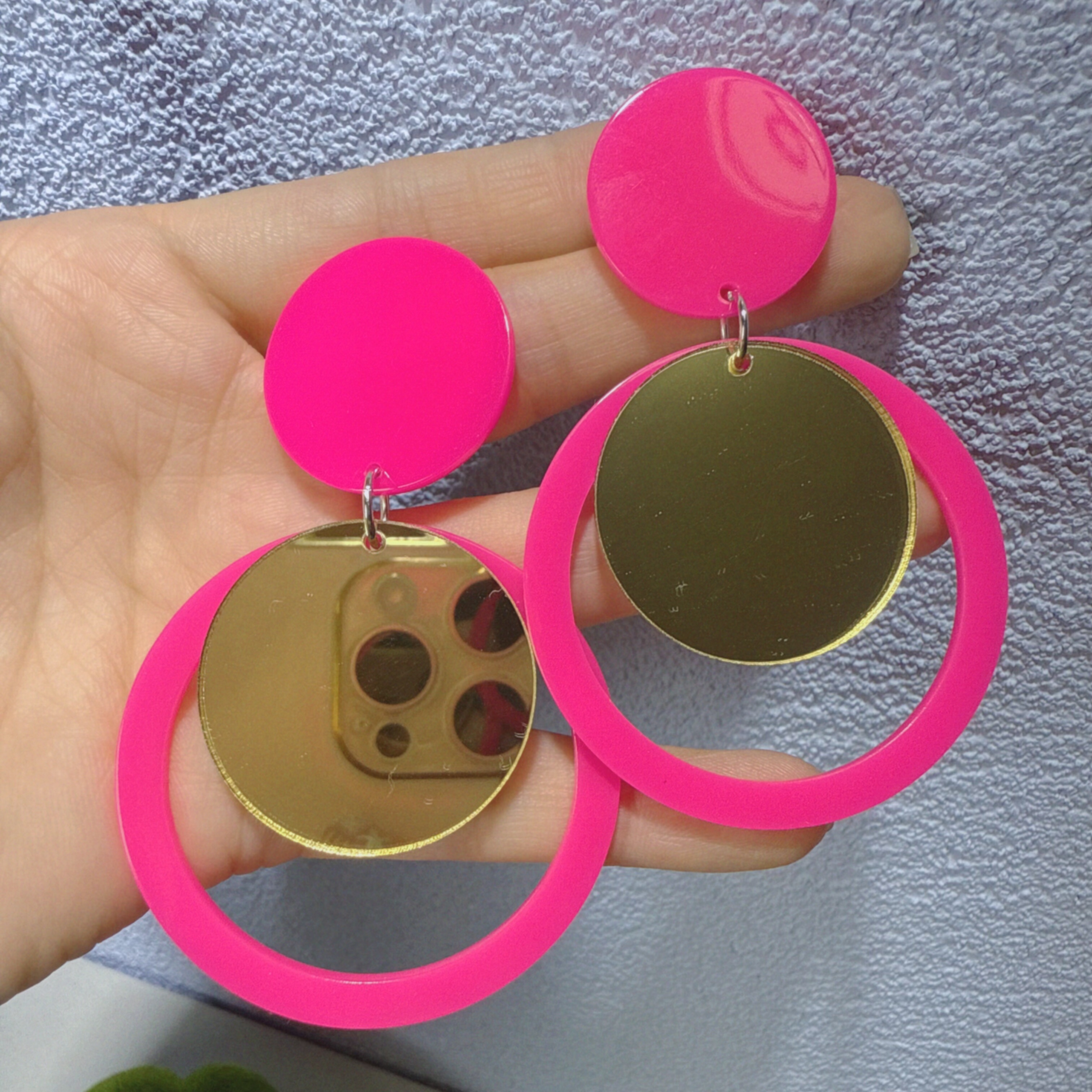 UNBOX原创手作夸张玫红色几何耳环度假风耳坠海边耳夹无耳洞款