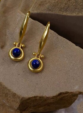 中古vintage复古青金石耳钉女气质精致轻奢耳环时尚高级感耳饰