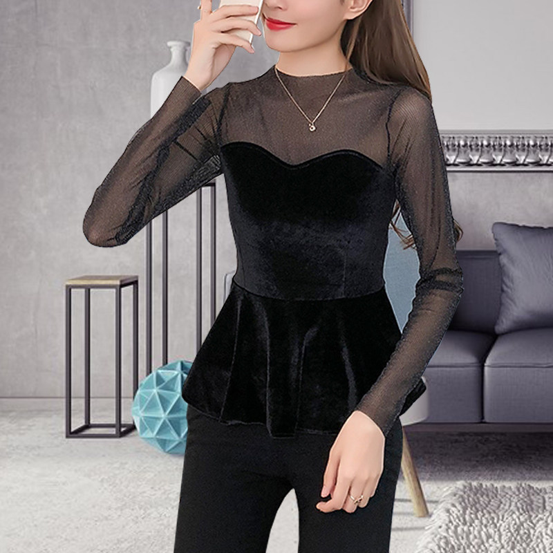 荷叶边下摆收腰显瘦修身上衣金丝绒抹胸式气质亮丝网纱打底t恤女