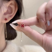 s925纯银红色四叶草耳线女气质高级感流苏耳坠小众设计轻奢耳饰潮