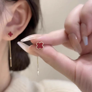 s925纯银红色四叶草耳线女气质高级感流苏耳坠小众设计轻奢耳饰潮