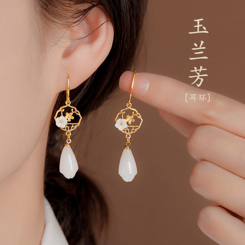 s925纯银流苏长款花朵耳坠新中式