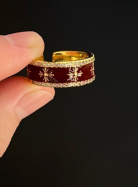高保色红色滴釉十字架戒指女复古