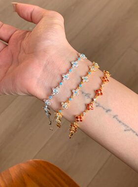 爆闪满钻四叶草仿绿松石手链女