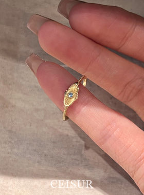 小众复古镶蓝色锆石极细戒指简约