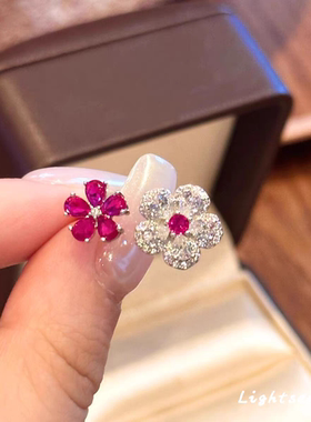 爆闪玫红色花朵戒指女轻奢小众