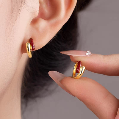 S925纯银红色气质耳环女2025新款