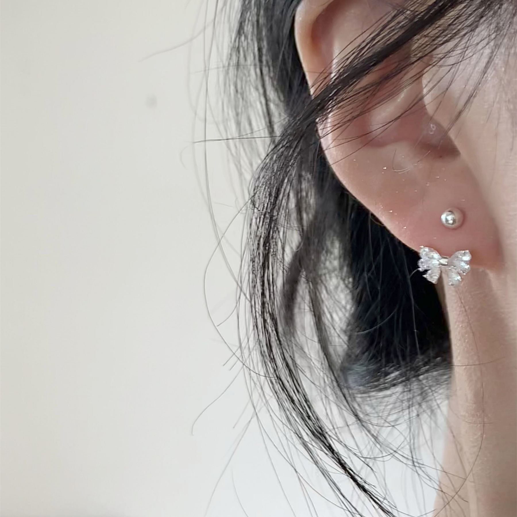 S925纯银锆石蝴蝶结耳钉女气质