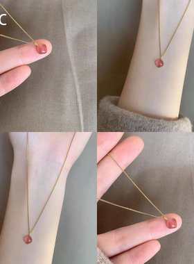 高保色粉色小方豆项链女小众轻奢