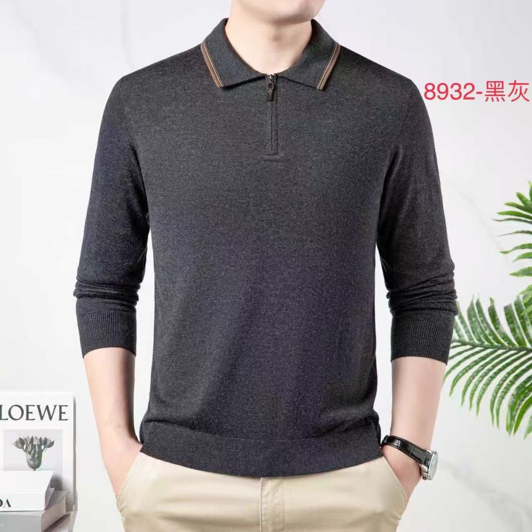 乐久新款男士时尚翻领毛衣长袖保暖针织商务穿搭纯色短拉链羊毛衫